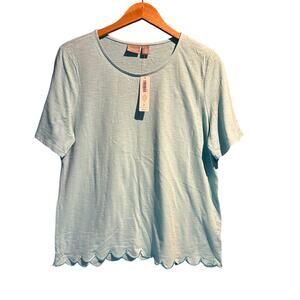 Chico's NWT Size 2 Large 12 Seafoam Green Scalloped Hem Tee 100% cotton natural